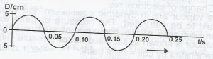 The diagram above represent displacement D, versus time, t graph of a progressive wave. Deduce the frequency of the wave