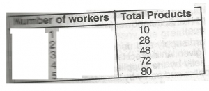 Study the table above: What is the marginal product of the second worker?
