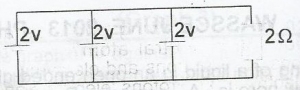 An electric circuit is connected as illustrated above. Determine the equivalent e.m.f and current flowing through the circuit respectively, neglecting the internal resistance of the cells
