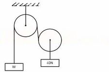 The figure above represents a frictionless pulley system in which a weight W is in equilibrium with a weight of 40N. Find the value of W
