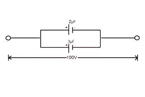 In the circuit above, The potential across each capacitor is 100V. The total energy stored in the two capacitors is
