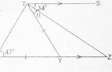 In the figure above , TS//XY and XY = TY, ∠STZ = 34°, ∠TXY = 47°, find the angle marked n?
