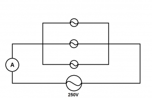 In the diagram above, three identical lamps each of 100 W are connected in parallel across a potential difference of 250 V. Calculate the reading of the ammeter.
