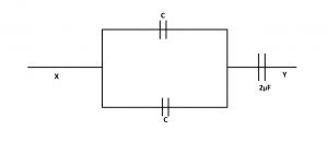 The effective capacitance between points X and Y in the diagram below is 1.0μF, What is the value of the capacitance C, measured in micro-farad?
