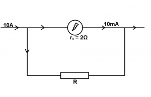 The diagram above illustrates the conversion of a galvanometer of resistance 29 to an ammeter. The galvanometer gives a full-scale deflection for a current of 10mA. Calculate the value of R.
